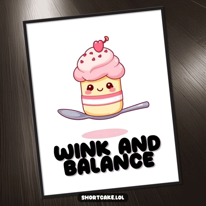 Funny shortcake winking on a spoon poster, a dessert character performing a balancing act, adding humor to decor.
