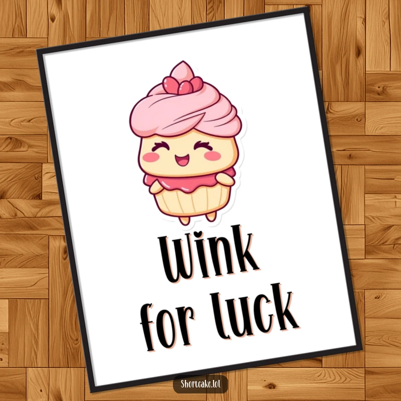 Funny poster of a shortcake character giving a playful and charming wink, adding a whimsical and humorous element to wall decor.