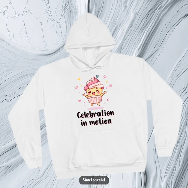 Funny shortcake hoodie, cute dessert character in a celebratory spin, frosting swirls, cozy apparel, perfect funny gift.