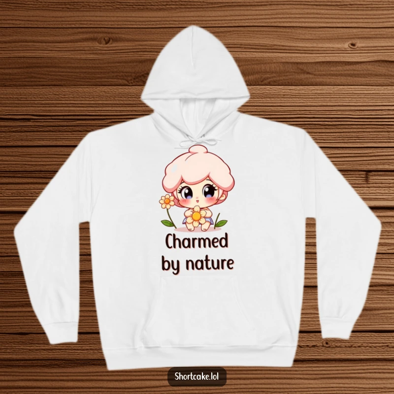 Funny Shortcake Hoodie depicting a character with wide, happy eyes admiring a flower, creating a serene and sweet visual.