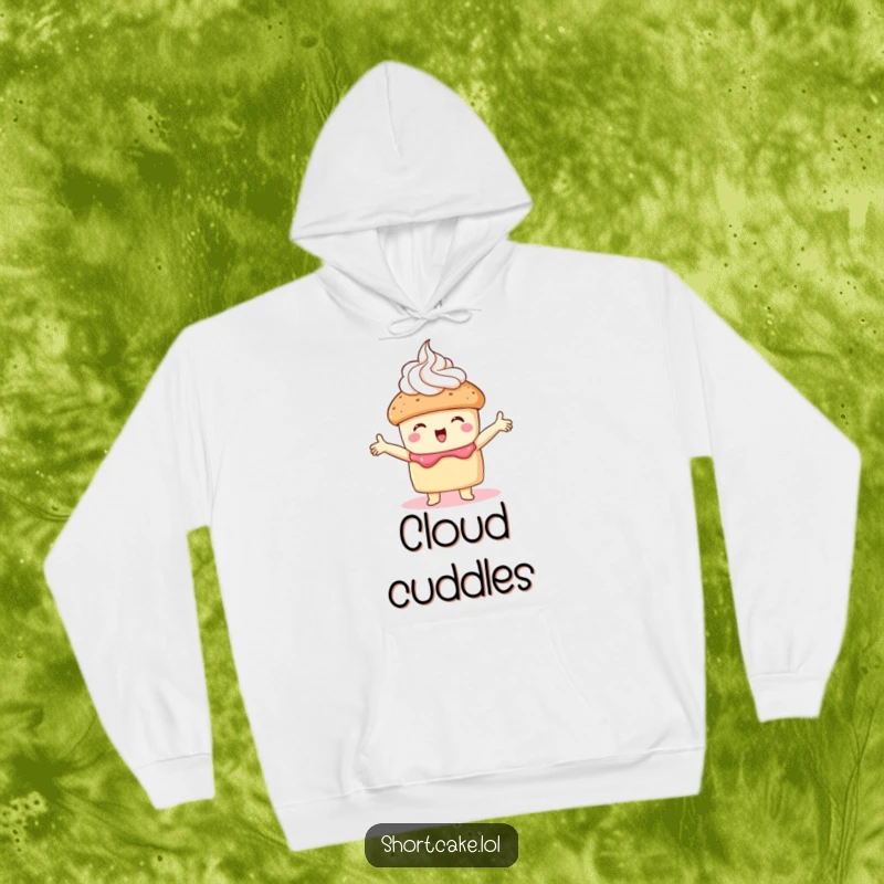 Funny shortcake hoodie with a shortcake embracing whipped cream, ideal for cozy and affectionate moments.