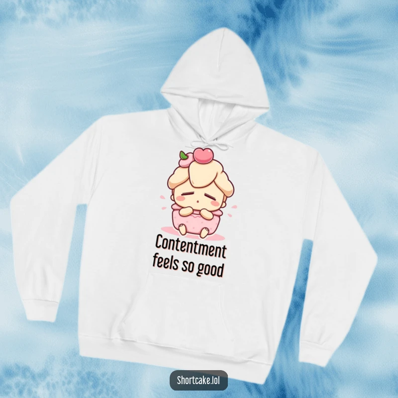 Funny shortcake hoodie, cute dessert character with eyes closed, satisfied sigh, cozy apparel, perfect funny gift.