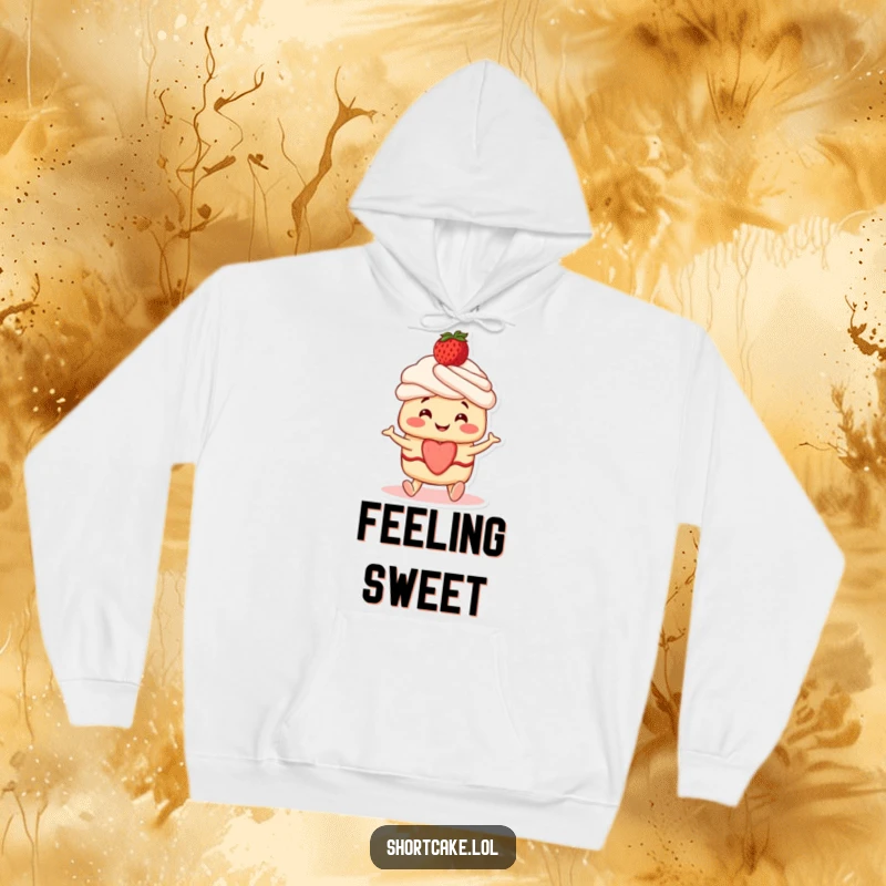 Funny Shortcake Hoodie: A smiling shortcake character with a strawberry on top, wiggling its feet adorably.