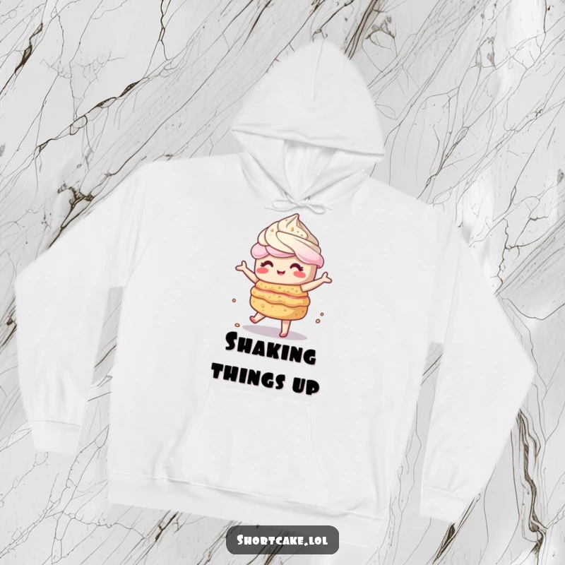 Funny kawaii shortcake doing a hilariously wobbly dance, layers shaking precariously, perfect for cozy, fun wear. Ideal gift.