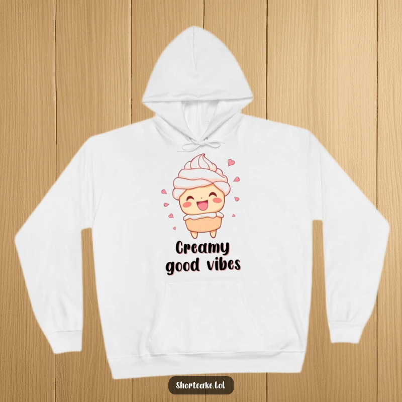 Funny hoodie featuring a shortcake character mid-grin with whipped cream splattering, perfect for cozy comfort.