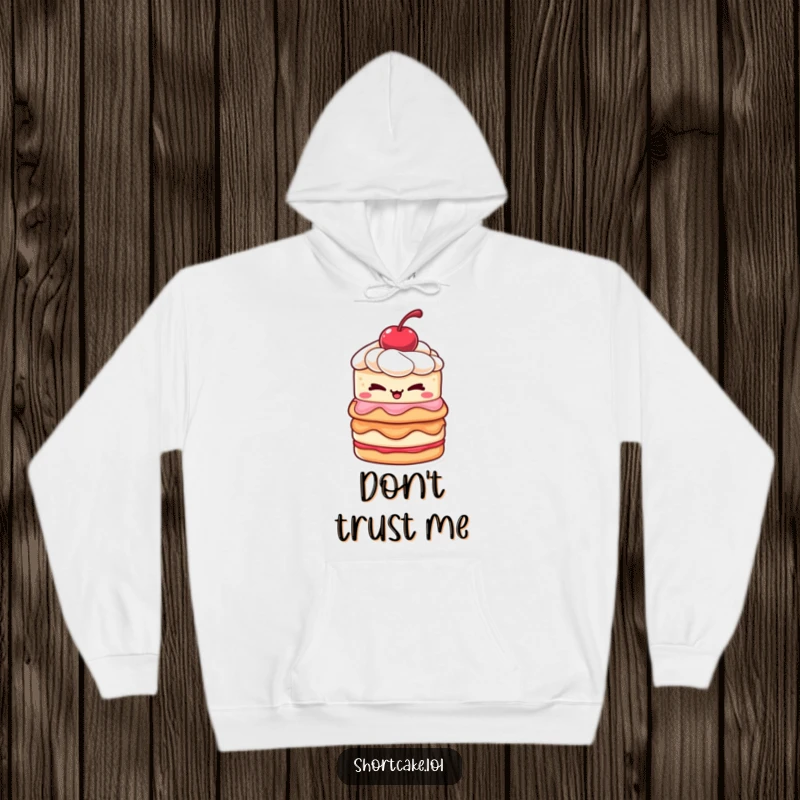 Funny shortcake hoodie with a layered shortcake and cherry winking playfully, ideal for cozy and humorous moments.