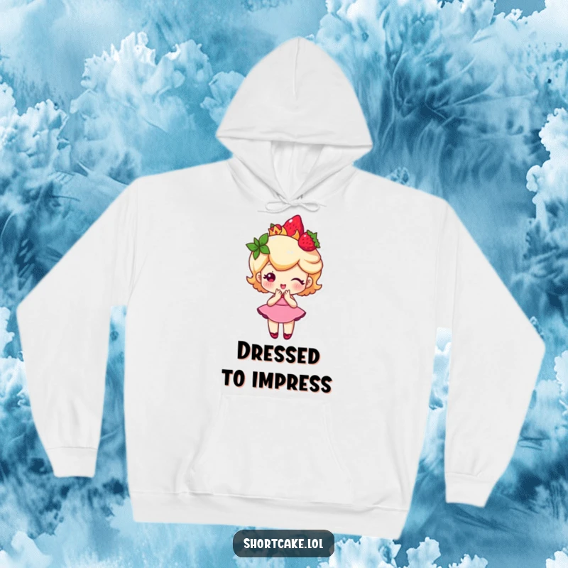 Funny shortcake character wearing a strawberry crown and curtsying, a warm and humorous hoodie for cozy royalty.