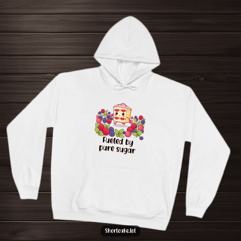 Funny shortcake slice with tiny skipping legs in a field of berries, a warm and humorous hoodie for cozy days.
