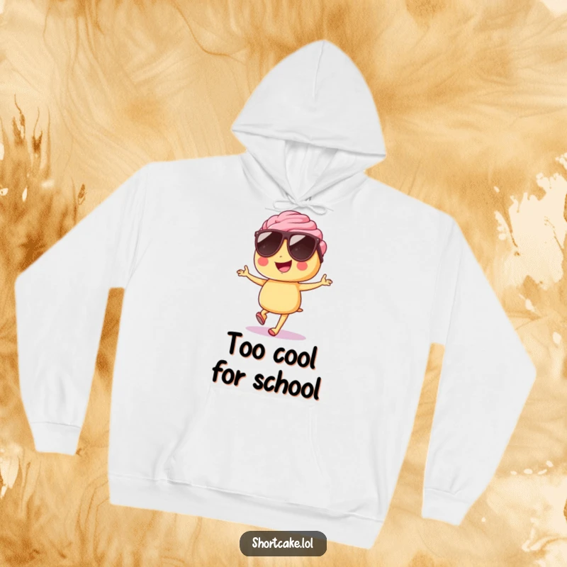 Funny shortcake hoodie, sunglasses, hopping confidently, cozy, cool character, perfect humorous present.