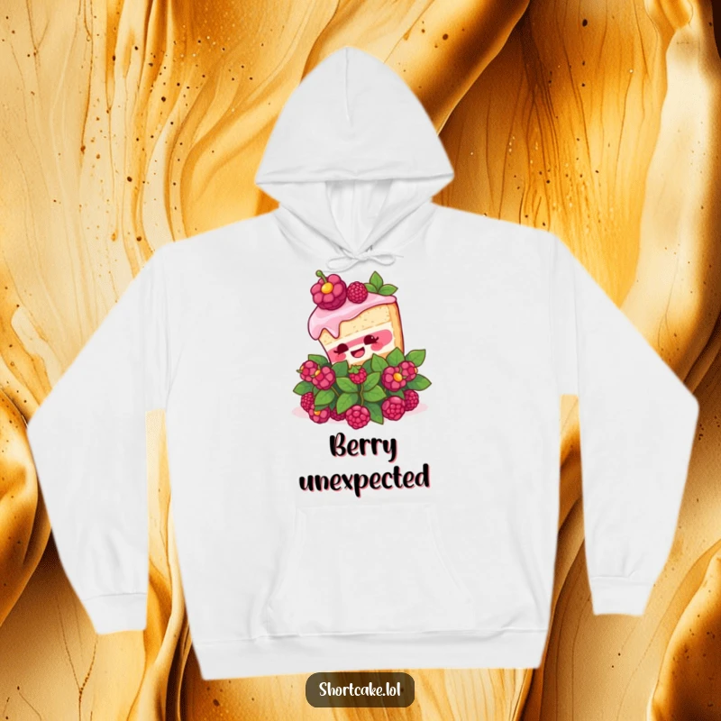 Funny Shortcake Surprise Hoodie. A shortcake slice pops out of a berry bush with surprise, perfect for cozy, humorous moments.