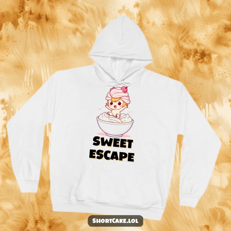Funny hoodie illustrated with a sweet shortcake character taking an exhilarating plunge into a fluffy bowl of whipped cream.