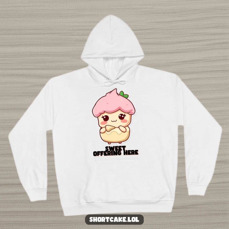Funny hoodie featuring a shortcake slice character with a sweet, caring expression, offering a bite to share.
