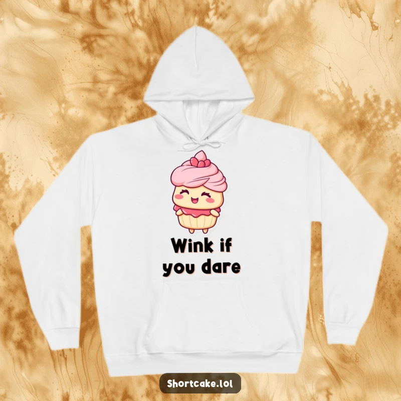 Funny cozy hoodie with a shortcake character giving a playful wink, perfect for staying warm and stylish with a humorous touch.