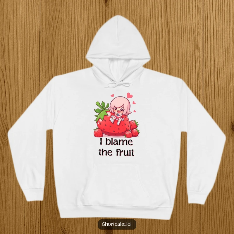 Funny shortcake character slipping on a giant strawberry, soft and warm hoodie, cute dessert illustration, a funny gift.