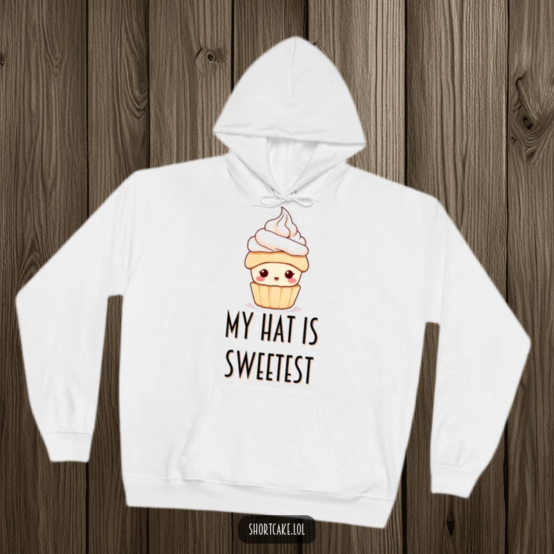Funny Shortcake Hat Hoodie showcasing a delightful dessert character with a miniature whipped cream hat, offering cozy comfort and a funny gift idea.