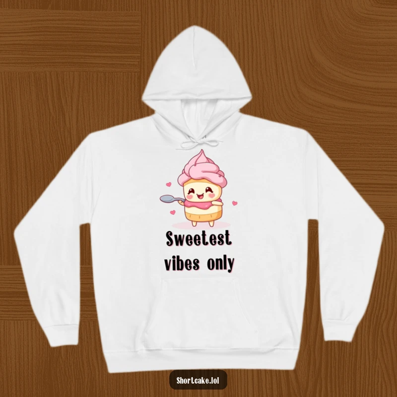 Funny shortcake hoodie showing a character with heart eyes joyfully twirling a spoon, cozy and cute graphic apparel.