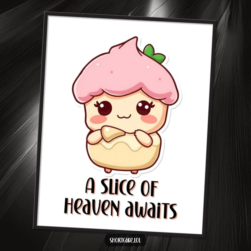 Funny Free Printable Wall Art: A shortcake slice charmer with a kind expression offers a delectable bite, inviting connection.