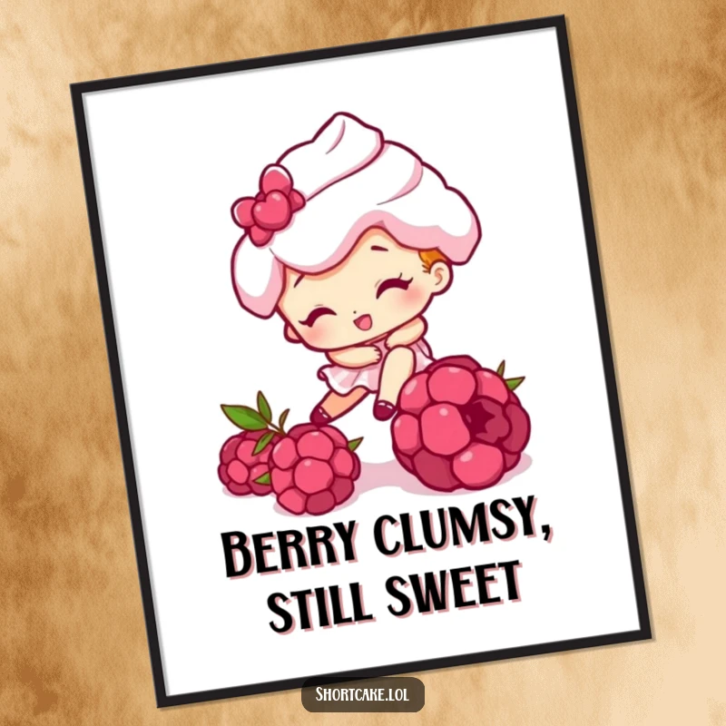 Funny Free Printable Wall Art: Cartoon shortcake character humorously tripping over a large raspberry, a whimsical decor piece.