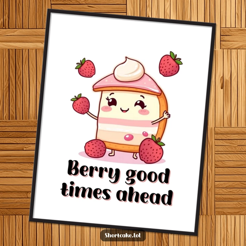 Funny Free Printable Wall Art: A smiling slice of shortcake is captured mid-juggle, tossing three bright berries in the air.