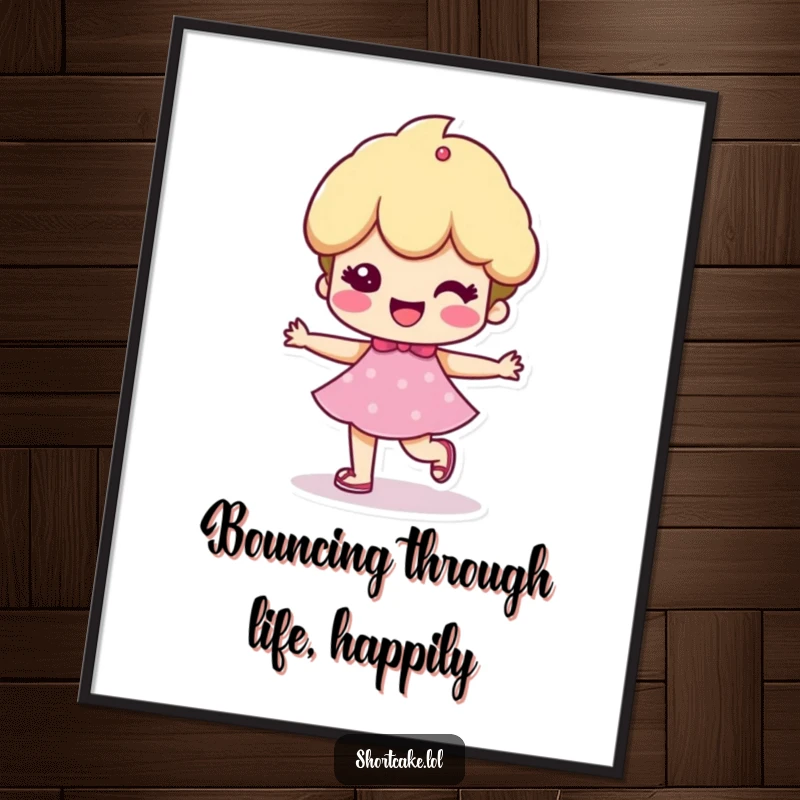 Funny Free Printable Wall Art: Cheerful shortcake character with an energetic, bouncy step, bringing joy to decor.