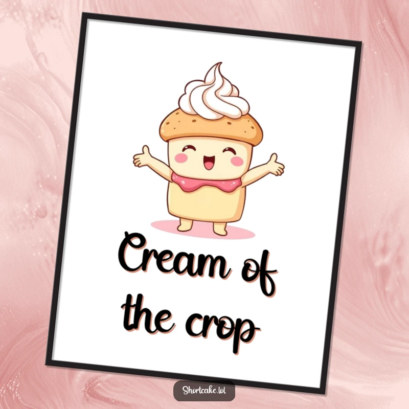 Funny Free Printable Wall Art: A shortcake with outstretched arms embraces a large, fluffy dollop of whipped cream with pure delight.