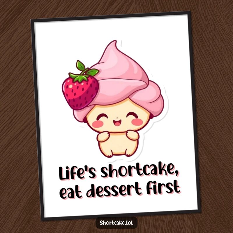 Funny free printable wall art of a happy shortcake character wearing a berry on its head like a crown.