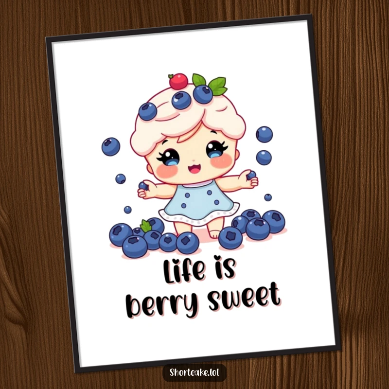 Funny Free Printable Wall Art: A charming shortcake character expertly juggling a pile of tiny blueberries.