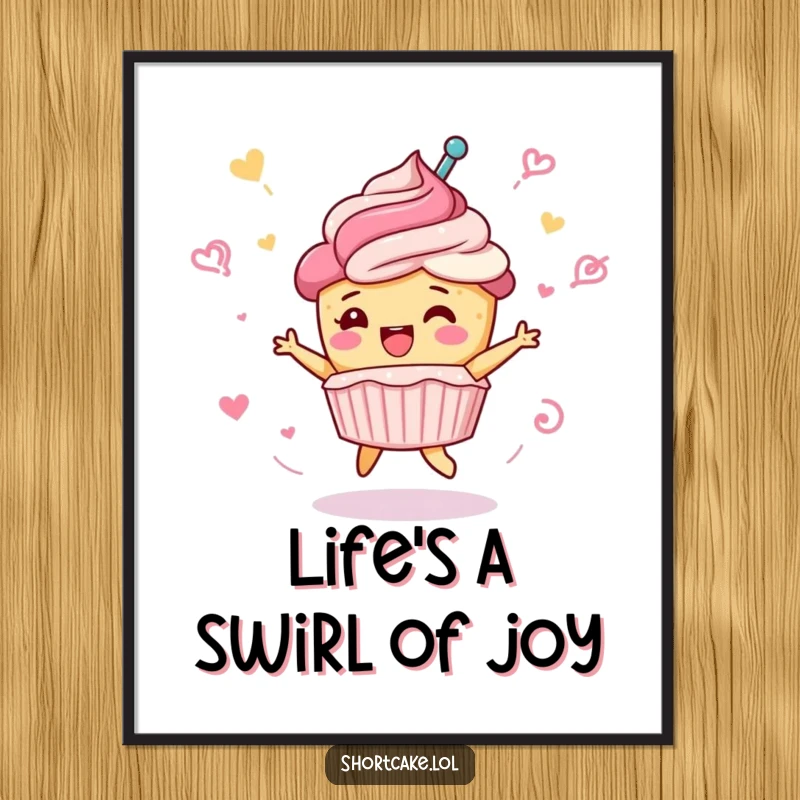 Funny Free Printable Wall Art of a shortcake character in a wild celebratory spin, frosting swirls creating a dynamic, sweet design.