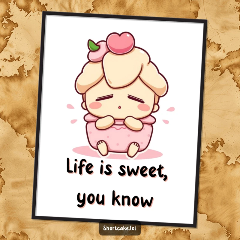 Funny Free Printable Wall Art of a shortcake character sighing with satisfaction, eyes closed in peaceful, sweet contentment.