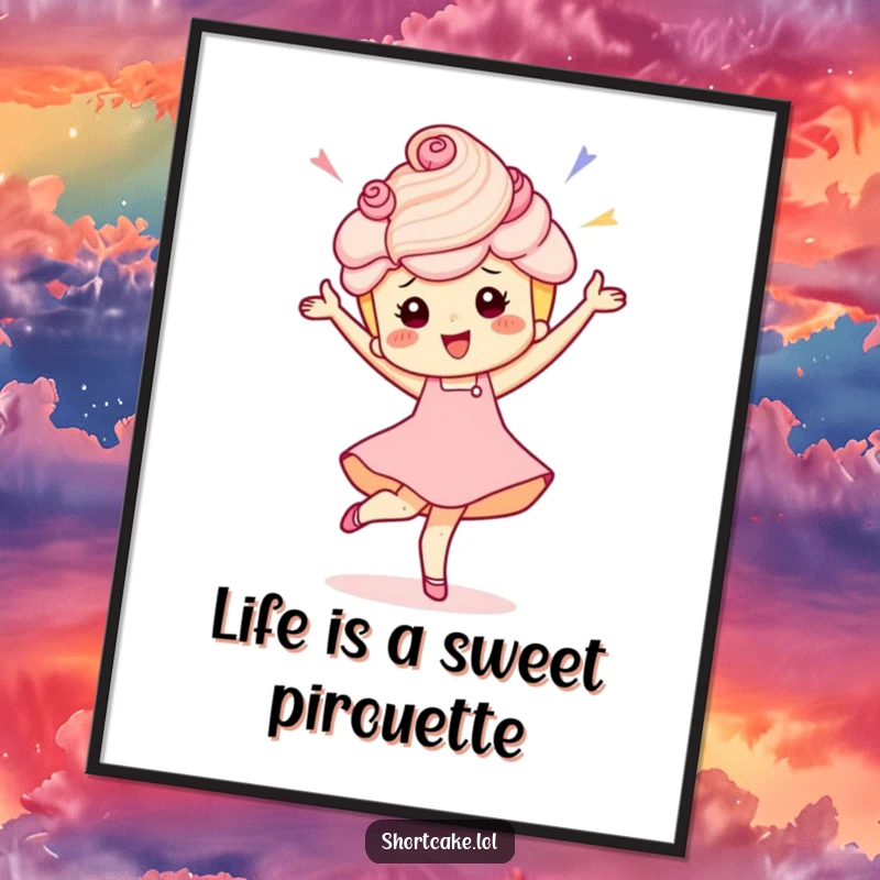 Funny Free Printable Wall Art: A shortcake character performs an incredibly energetic pirouette, bringing dynamic joy and laughter to any room.