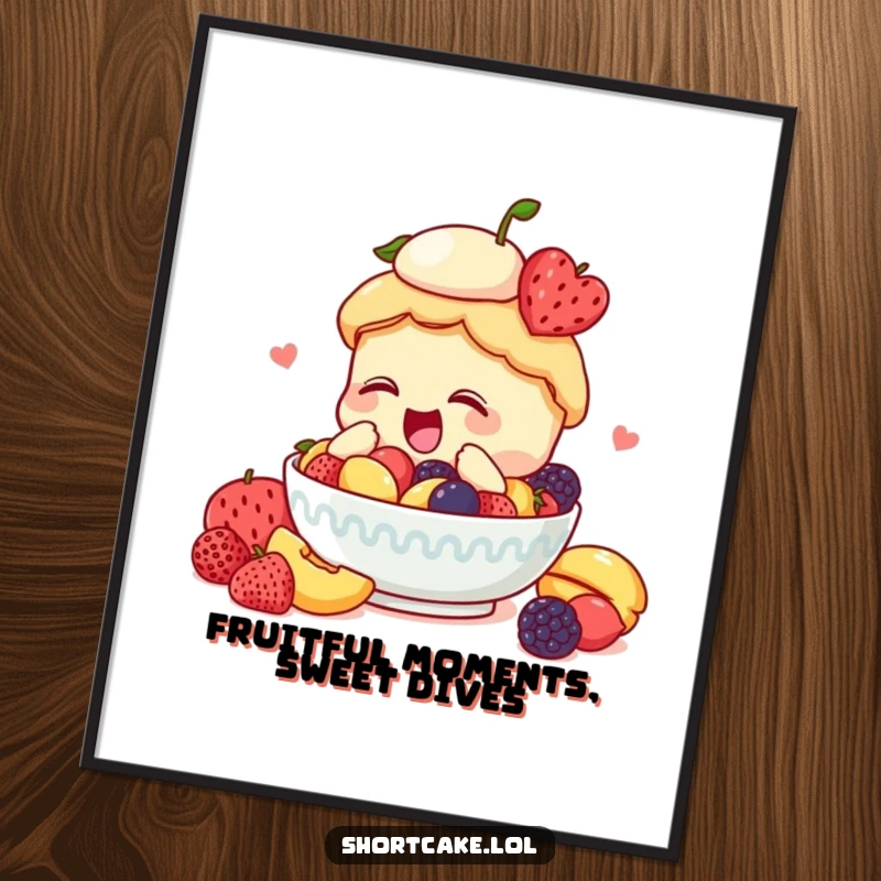 Funny Free Printable Wall Art: A shortcake makes an enthusiastic dive into a bowl filled with juicy, colorful fruit.