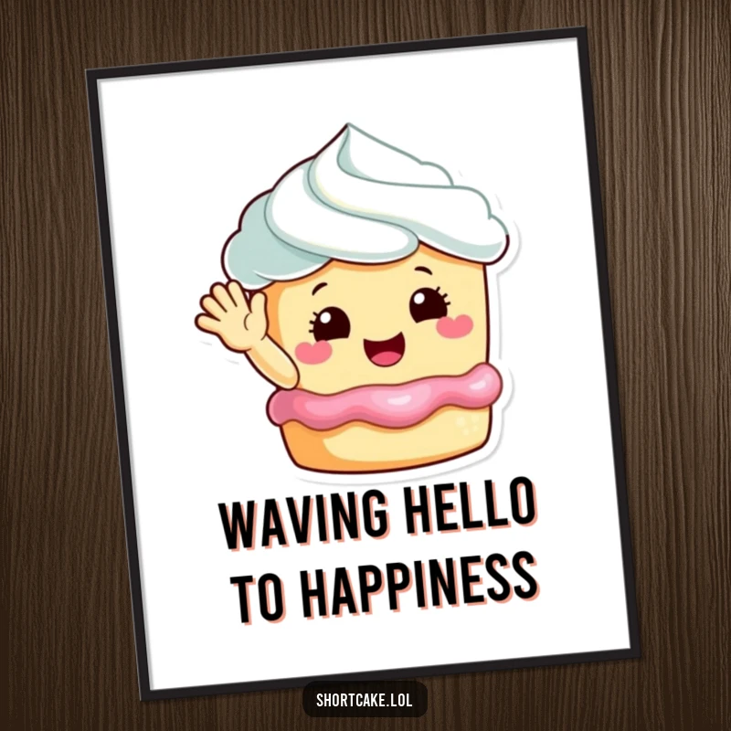 Funny free printable wall art of a cute shortcake waving happily, bringing a smile to any viewer.