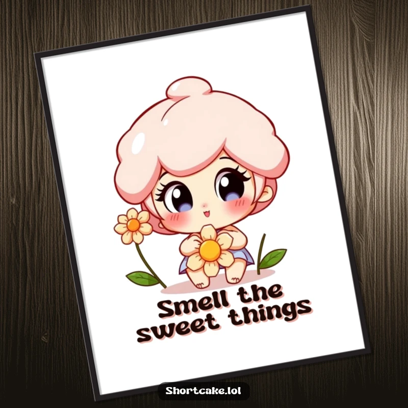 Funny Free Printable Wall Art: A shortcake slice character gazes with wide, delighted eyes at a vibrant flower, creating a scene of pure joy.