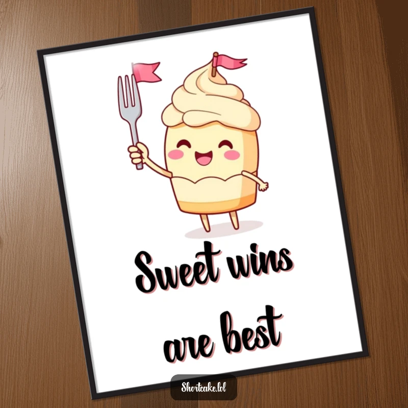 Funny Free Printable Wall Art: a jubilant shortcake character waves a miniature fork flag with great enthusiasm.