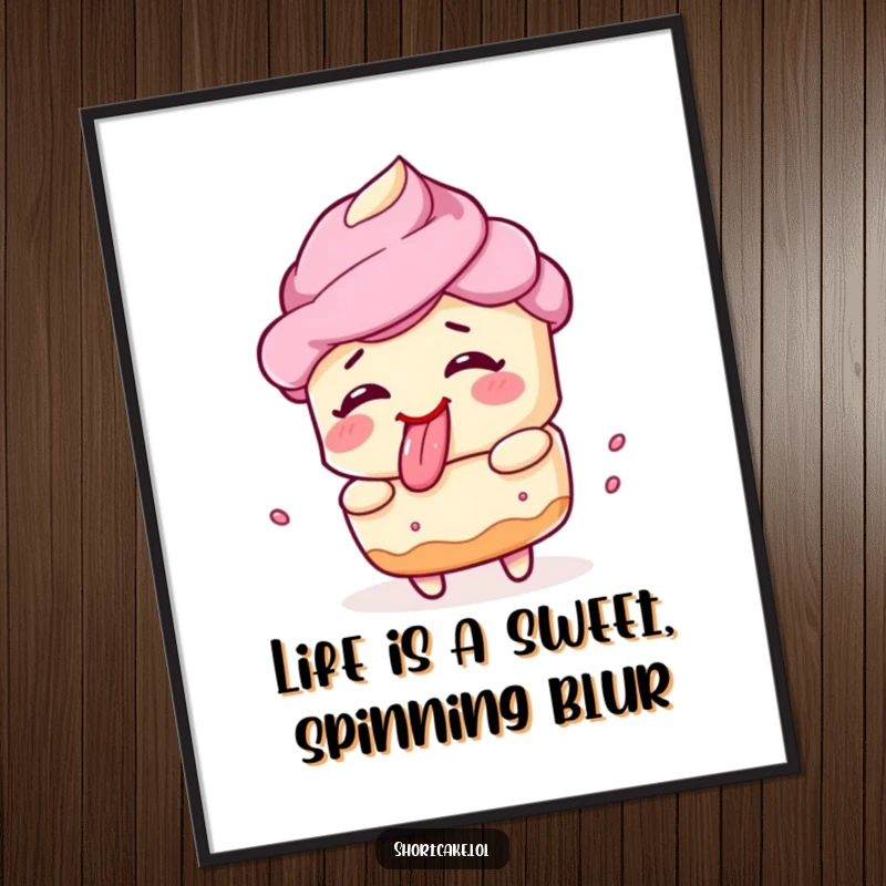 Funny Free Printable Wall Art: A shortcake spins with a silly face and tongue sticking out, creating fun art.