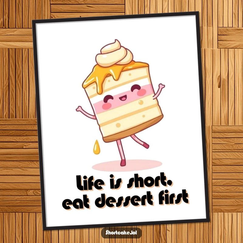 Funny Free Printable Wall Art depicting a shortcake slice performing an elegant pirouette, syrup artfully trailing, a whimsical and sweet decoration.