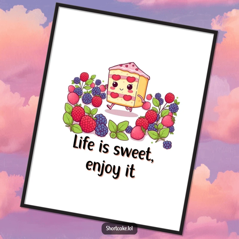 Funny Free Printable shortcake slice character with tiny legs skipping through a vibrant field of berries, cute art.