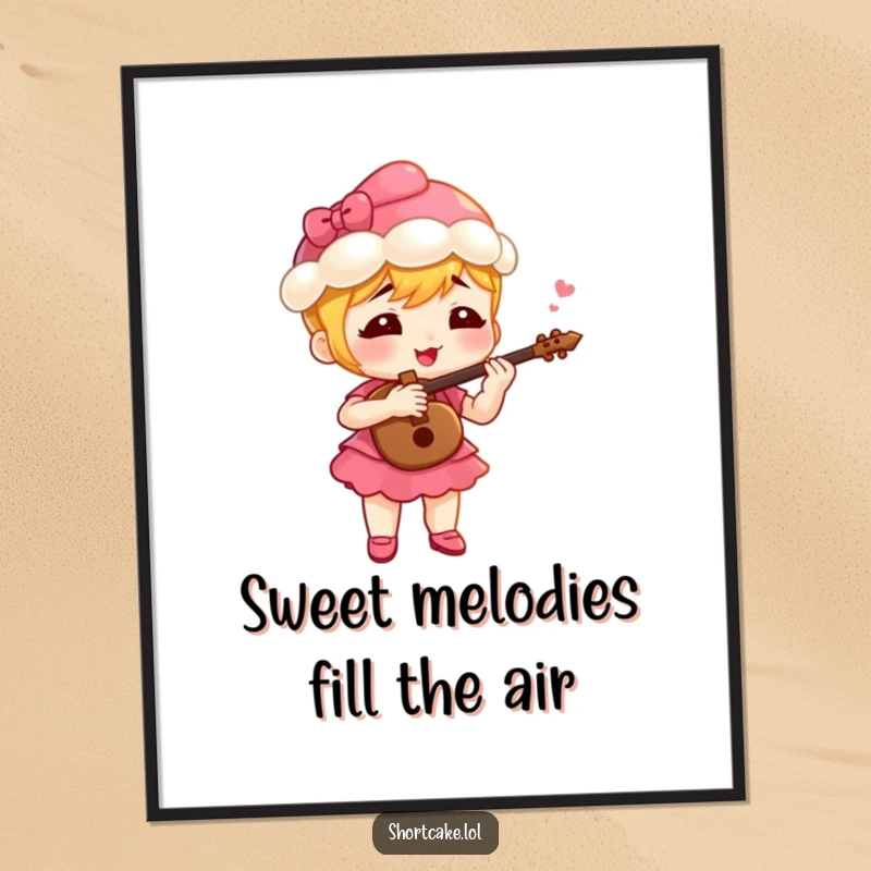 Funny Free Printable shortcake slice character playing a tiny fife with gusto, whimsical and musical wall art.