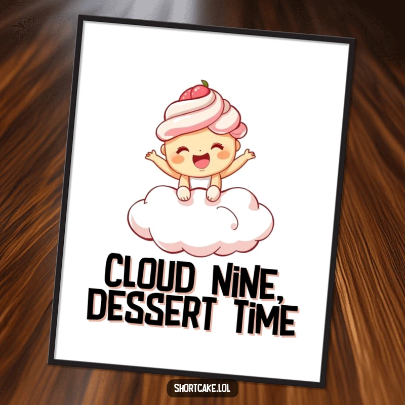 Funny Free Printable Wall Art: A shortcake bounces gleefully on a fluffy cloud, its laughter echoing through the sky.