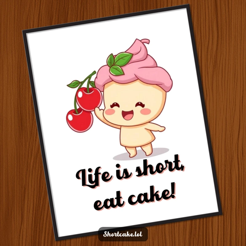 Funny Free Printable Wall Art depicting a delighted shortcake character joyfully reaching for a succulent cherry atop its creamy surface.