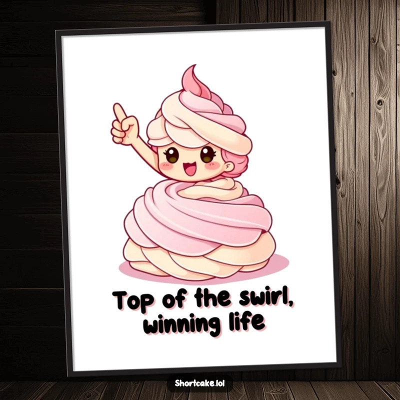 Funny Free Printable Wall Art: Shortcake character striking a triumphant pose on a whipped cream swirl, a victorious and humorous artwork.