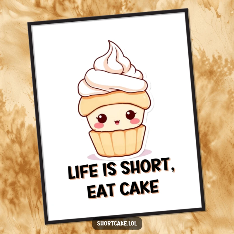 Funny free printable wall art of a cute shortcake character wearing a dollop of whipped cream as a hat, looking delightful.