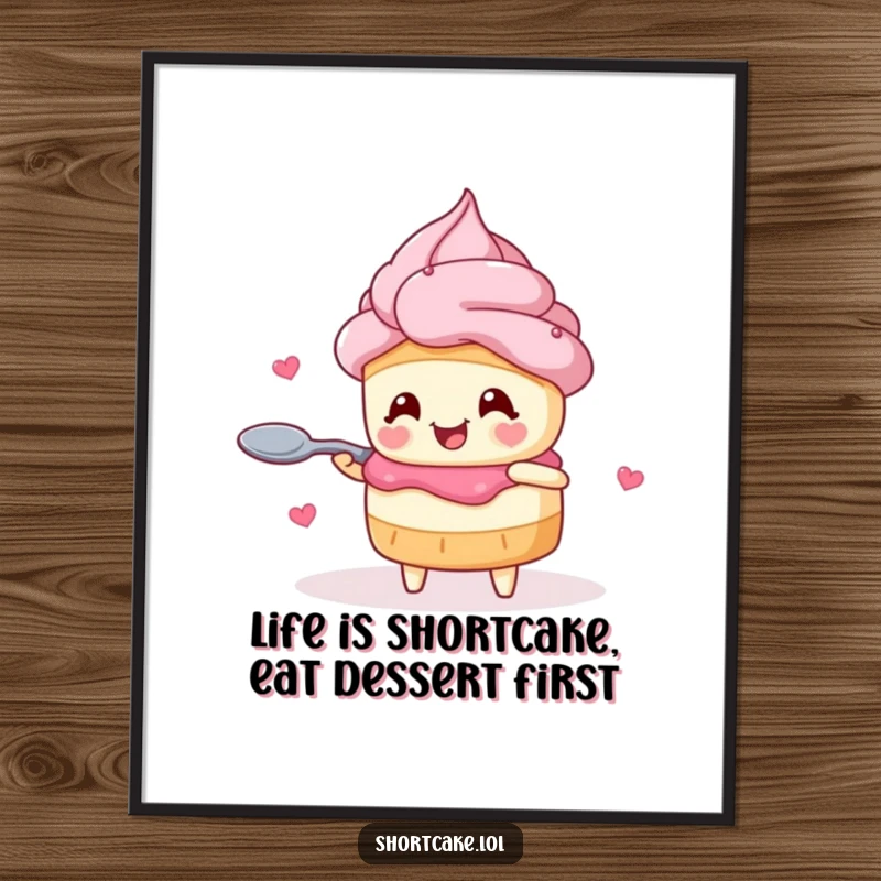 Funny Free Printable Wall Art: A shortcake with heart eyes twirls a spoon with pure joy, bringing cheer.