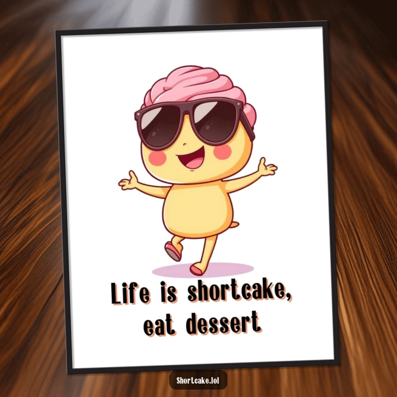 Funny Free Printable Wall Art: A shortcake wearing sunglasses hops with confidence and cool style.