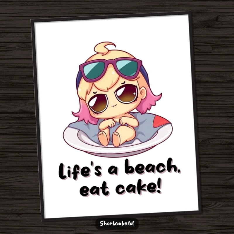 Funny Free Printable Wall Art: Shortcake wearing sunglasses lounging on a plate, exuding ultimate relaxation and cool.