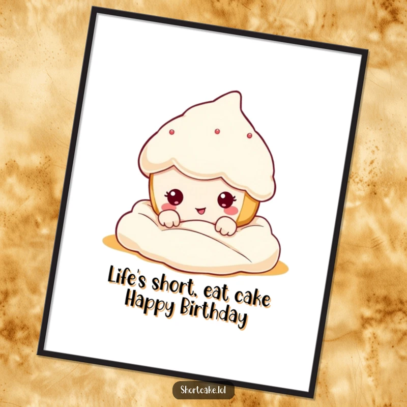 Funny Free Printable Wall Art: Kawaii shortcake character peeking from whipped cream, making an absurdly funny face.