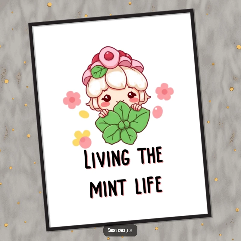 Funny Free Printable Wall Art: Shortcake Character Peeking from a Large Mint Leaf with a Grin, Dessert Decor.