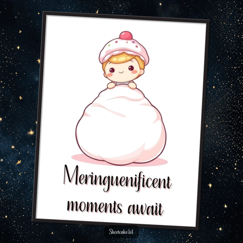 Funny Free Printable Wall Art: A shortcake sits happily perched on top of a giant, fluffy meringue.