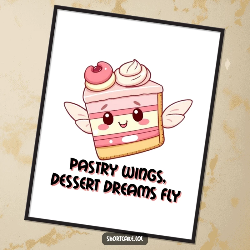Funny free printable wall art of a shortcake slice attempting to fly with delicate pastry wings, a whimsical and inspiring dessert theme.