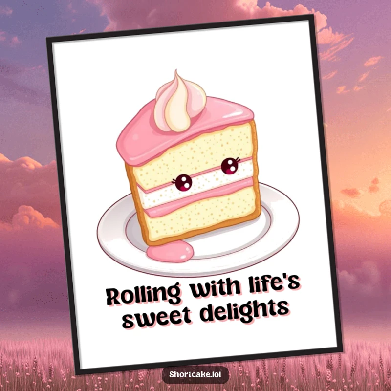 Funny Free Printable Wall Art of a shortcake slice rolling joyfully down the edge of a plate, full of delight